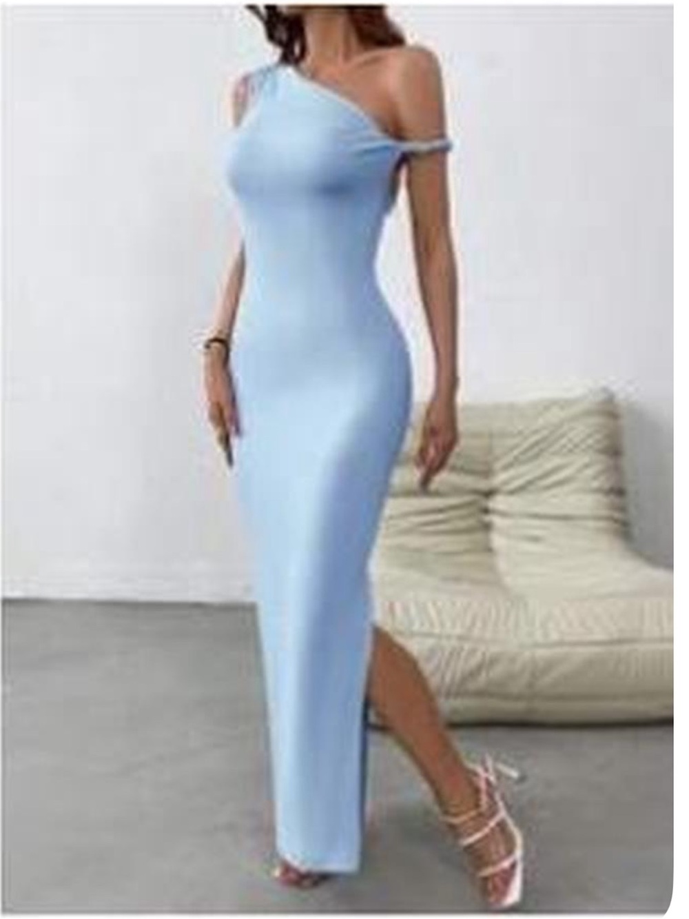 One-Shoulder Bodycon Maxi Dress in Light Blue